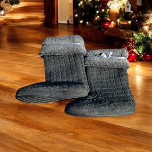 Cozy Gray Holiday Winter Indoor Slipper Boots Booties with grips on bottom.
